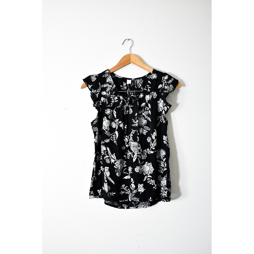 Old Navy Blouse Womens Small Black Modern Floral Ruffle Sleeve Tie Neck Boho